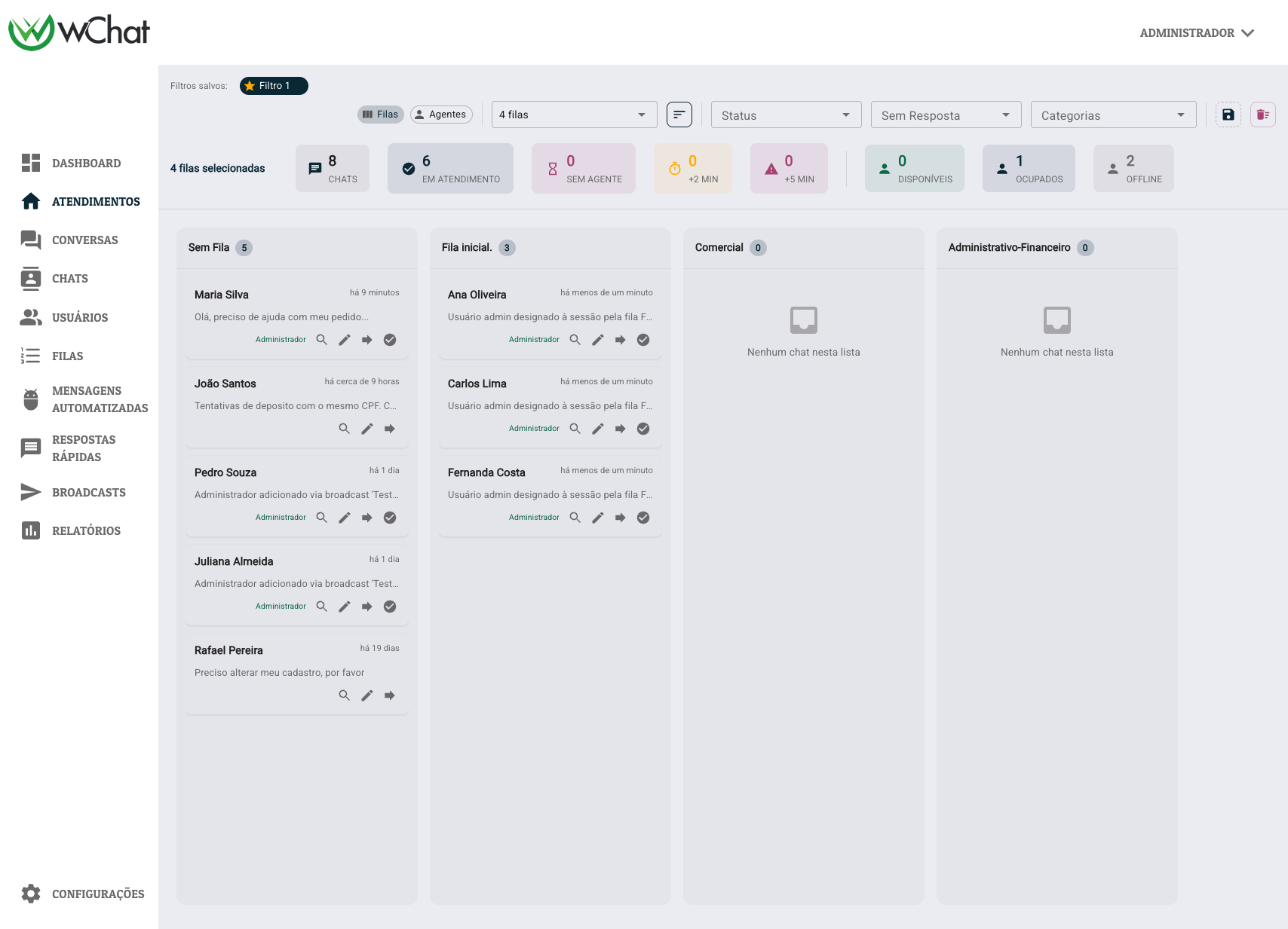 Kanban de atendimentos por filial